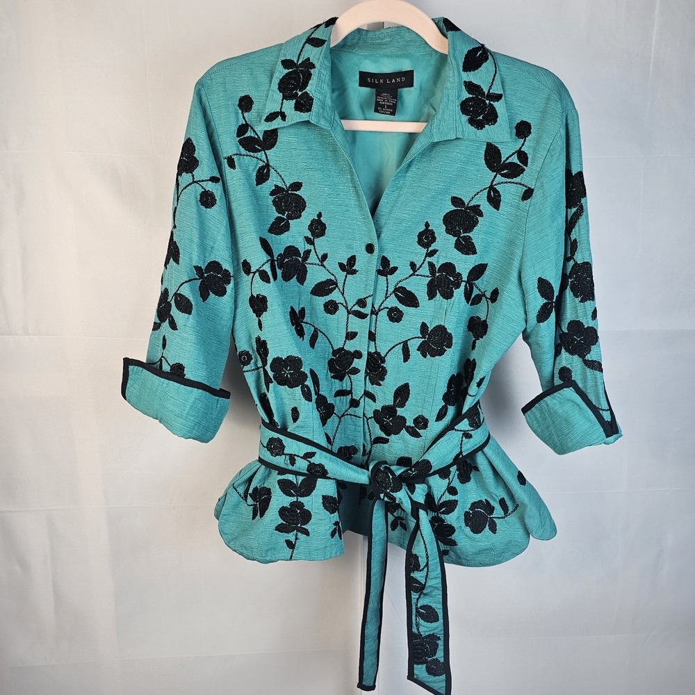 Women's Large Vintage SILK LAND 100% Silk Teal Green Blazer Jacket‎ Floral Tie